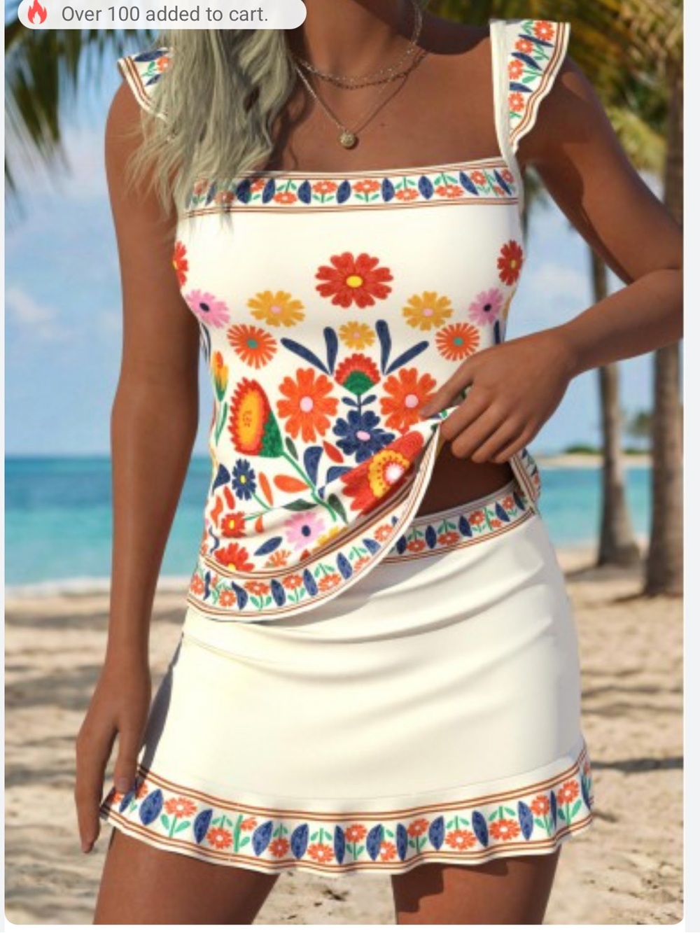 Embroidered Floral White Swim Coverup Tankini Top & Skirt Set